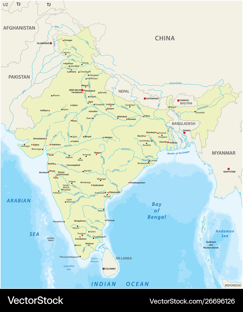 Map india with biggest cities and rivers vector image