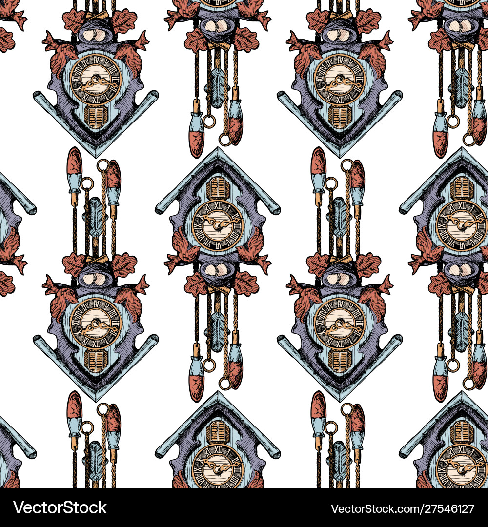 Pattern with old cuckoo clock Vector Image