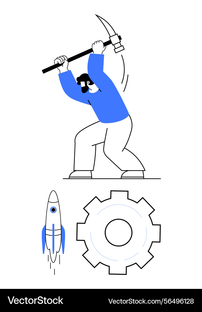 Worker with pickaxe rocket and gear representing Vector Image