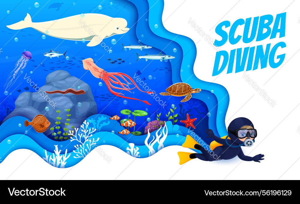 Kid Diver auf Papier geschnitten Meer Unterwasser Landschaft Kid Diver auf Papier geschnitten Meer Unterwasser Landschaft vektorbild