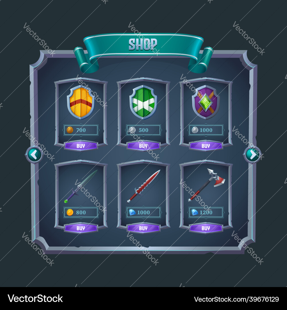 Rpg game shop menu panel with medieval weapon Rpg game shop menu panel with medieval weapon vector image