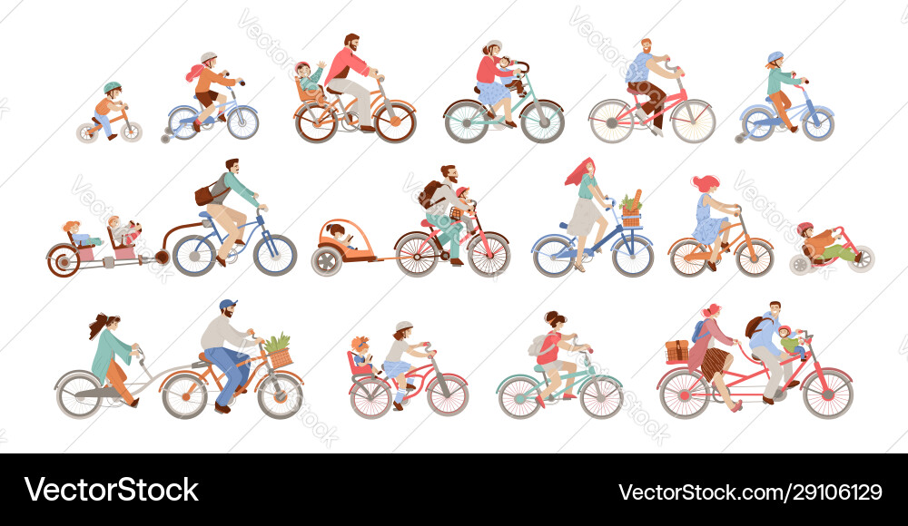 Set man women and children riding bicycles Set man women and children riding bicycles vector image