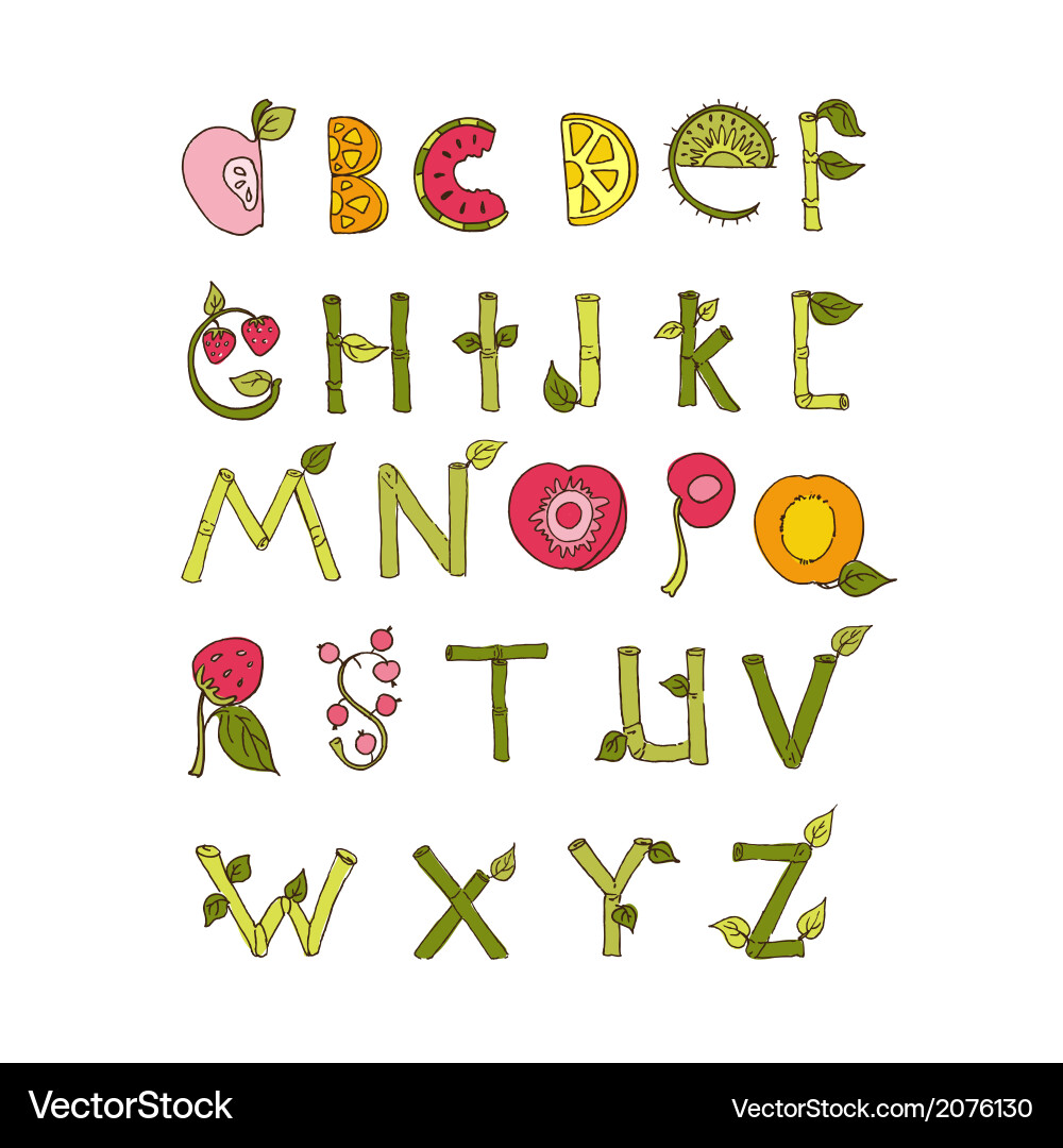 Organic Fruit & Leaf Alphabet Vector Image