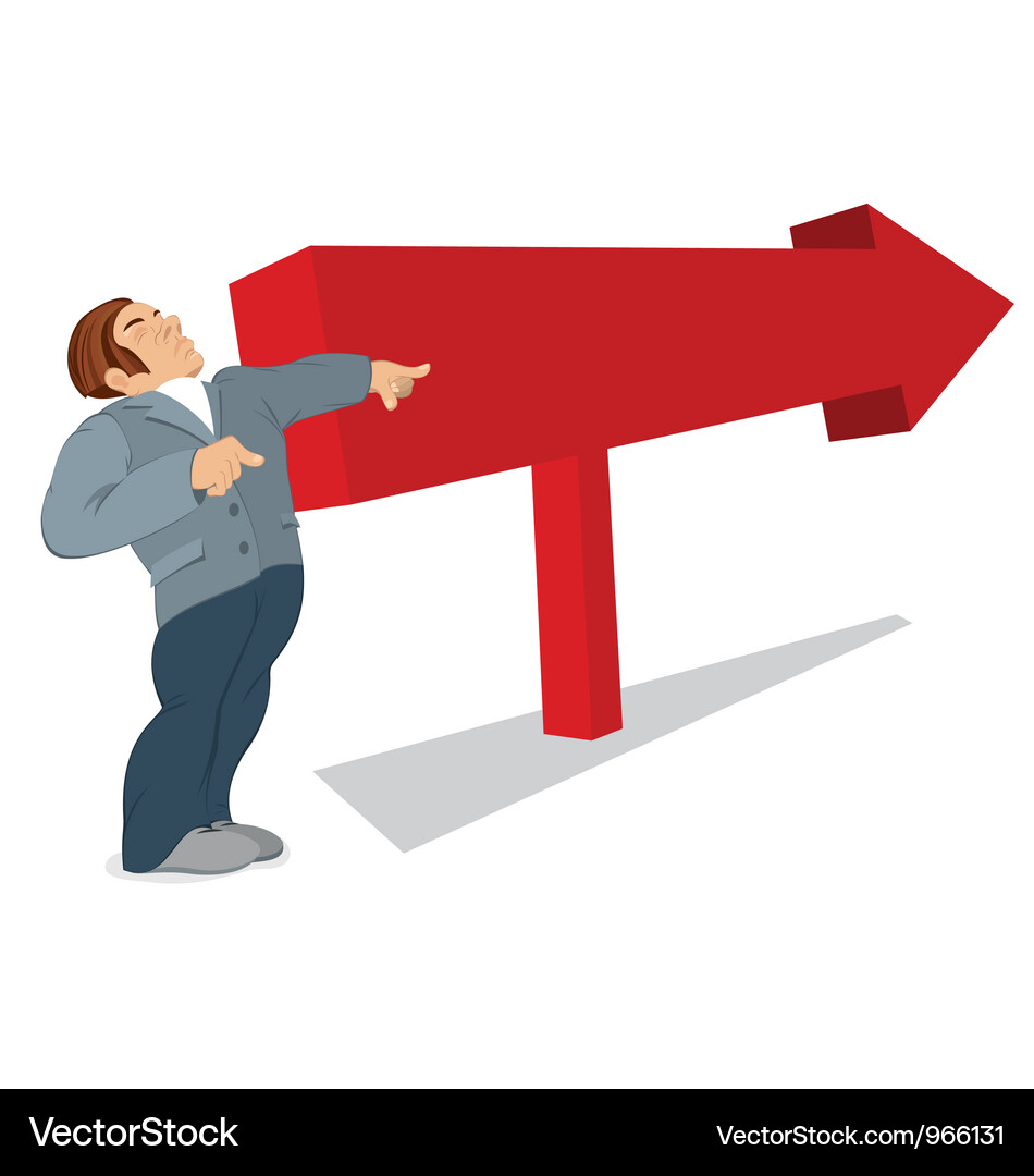 Man is pointing in the direction of a red arrow Vector Image