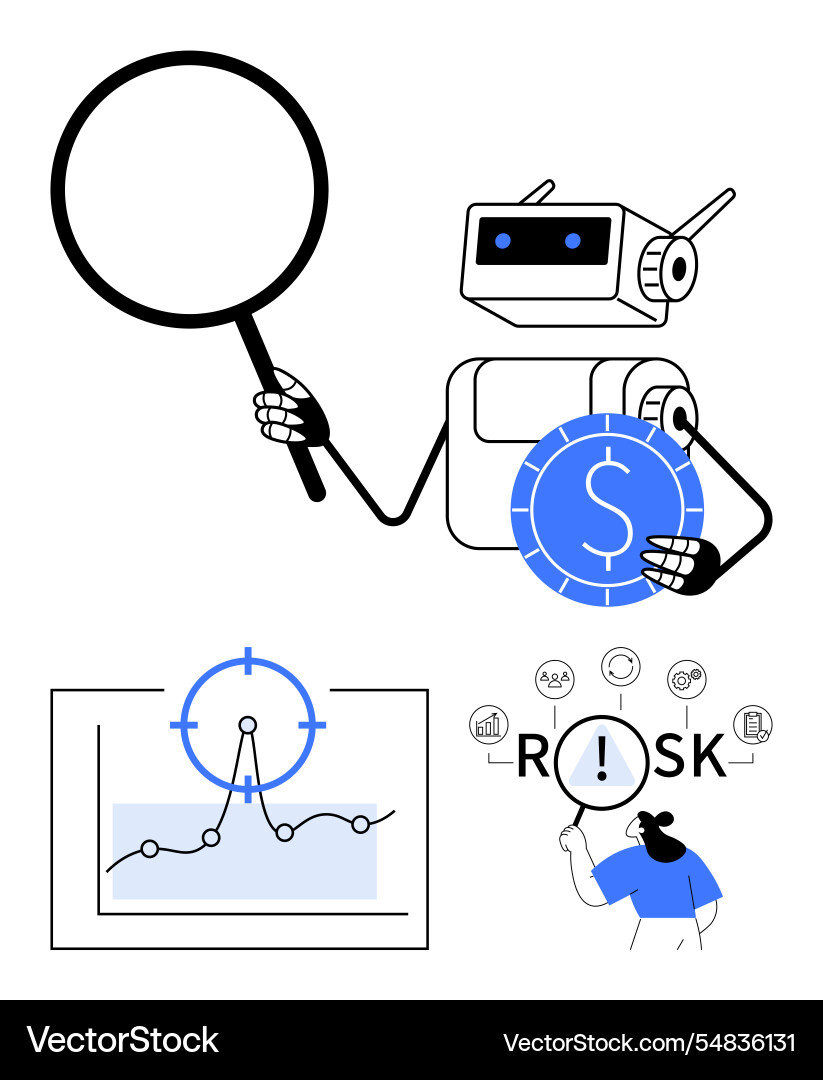 Robot analyzing financial risks with magnifying Vector Image