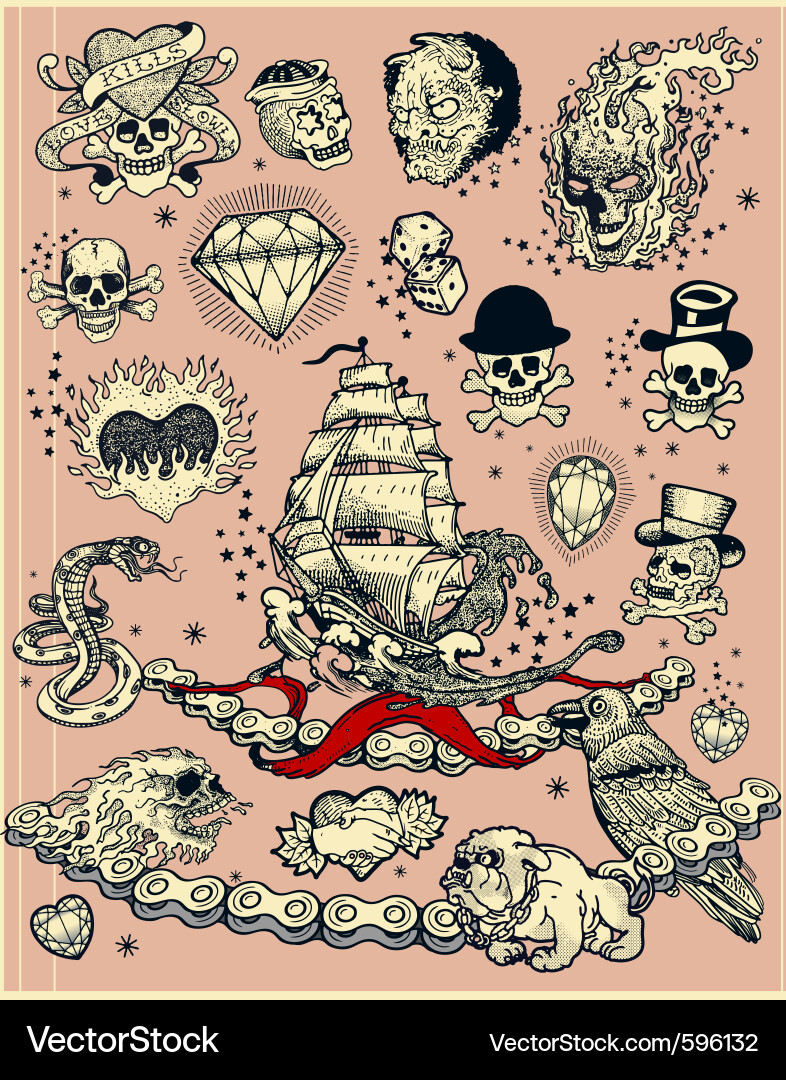 Tattoo Collection - Skull & Nautical Theme vector image