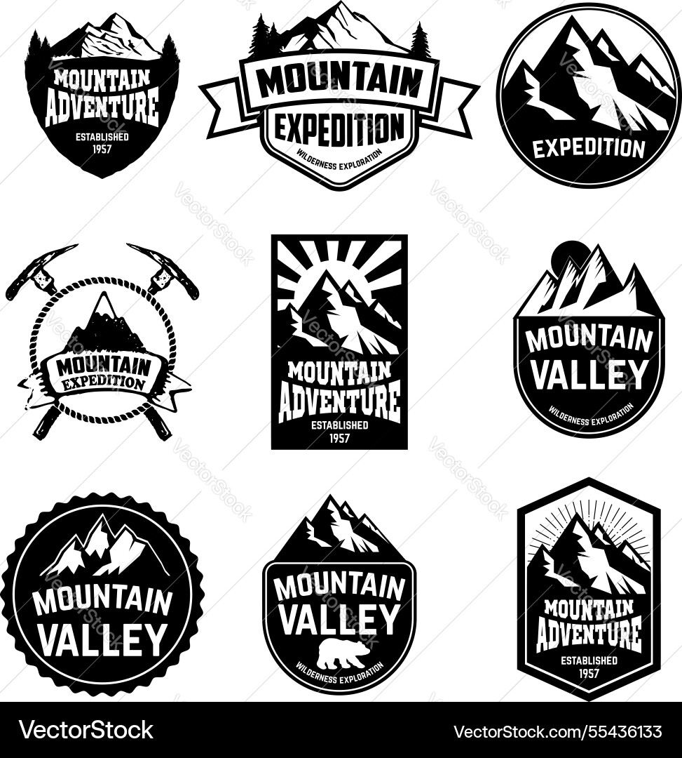 Hiking mountains exploration labels and emblems Vector Image