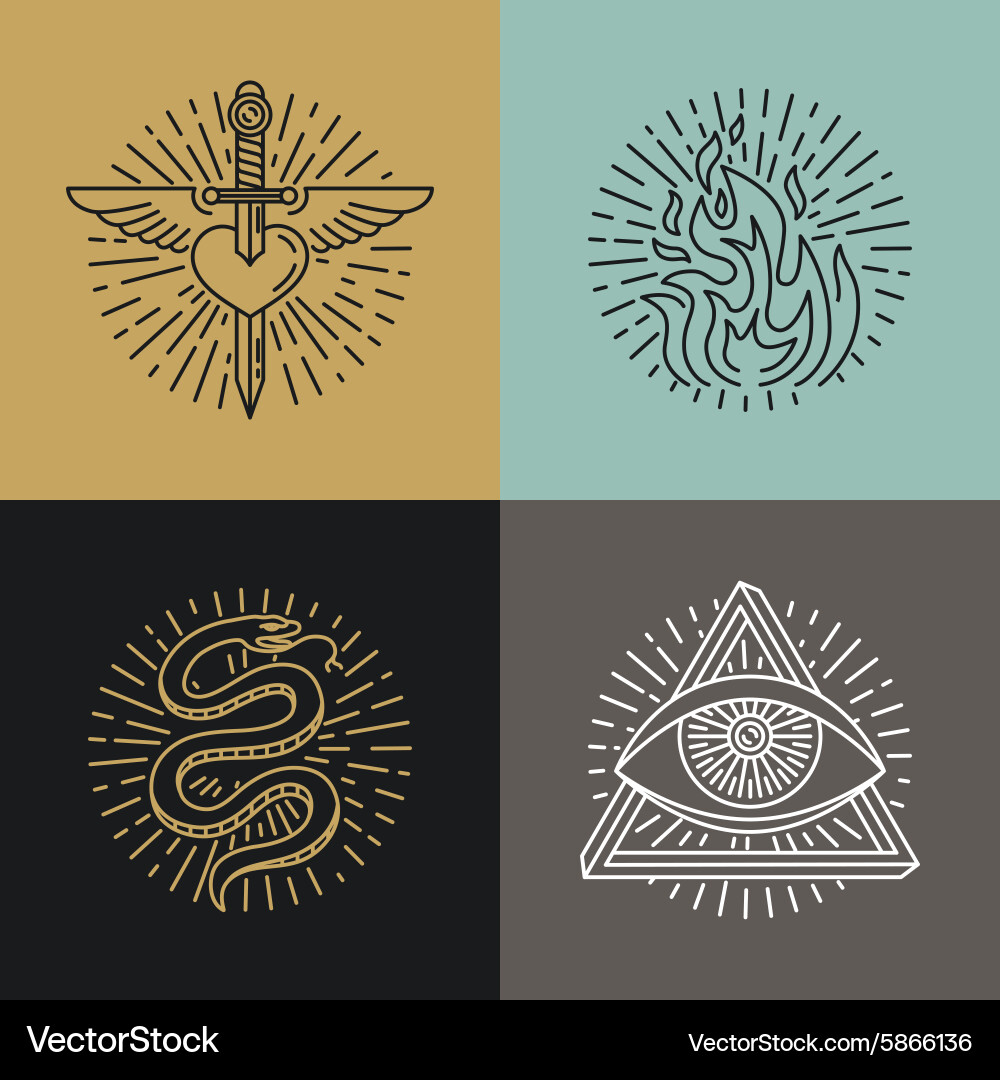 Tattoo Line Icons - Snake, Heart, Eye, Fire Vector Image