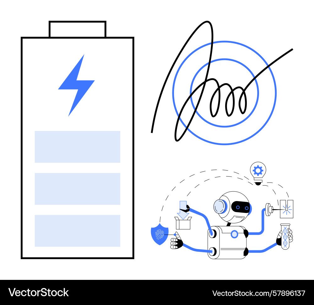 Ai robot performing tasks with battery icon Ai robot performing tasks with battery icon Vector Image