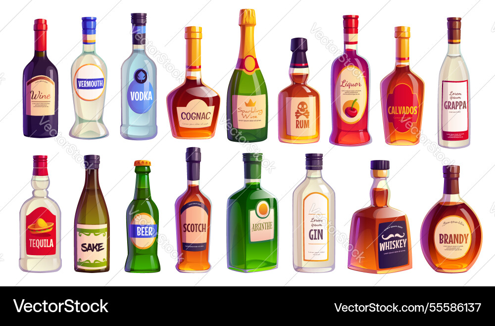 Cartoon alcohol bottles of liquor and wine drinks Cartoon alcohol bottles of liquor and wine drinks vector image
