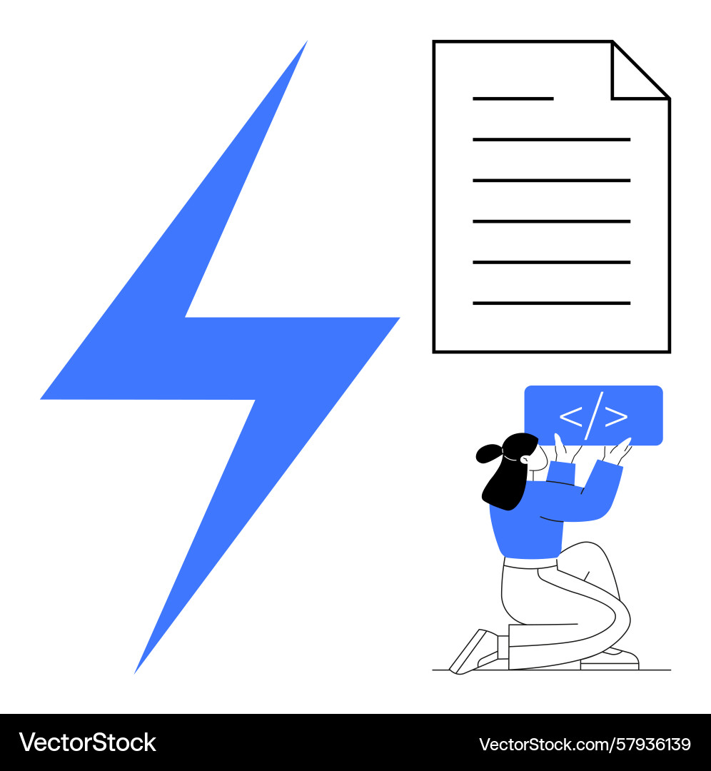 Developer coding on tablet with lightning bolt Developer coding on tablet with lightning bolt vector image