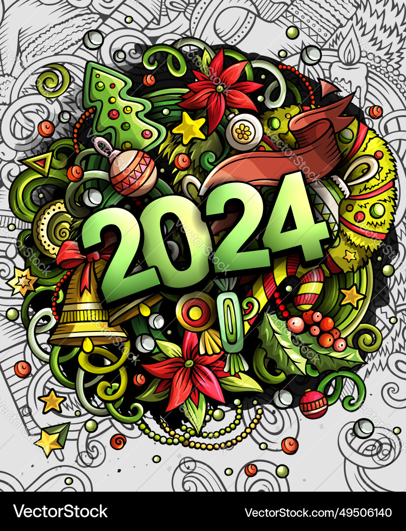 2024 doodles new year objects and elements poster 2024 doodles new year objects and elements poster vector image