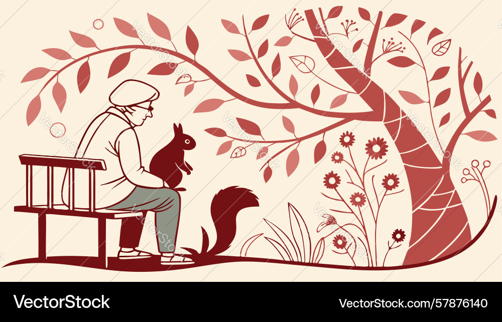 Man reading on park bench with squirrel Vector Image
