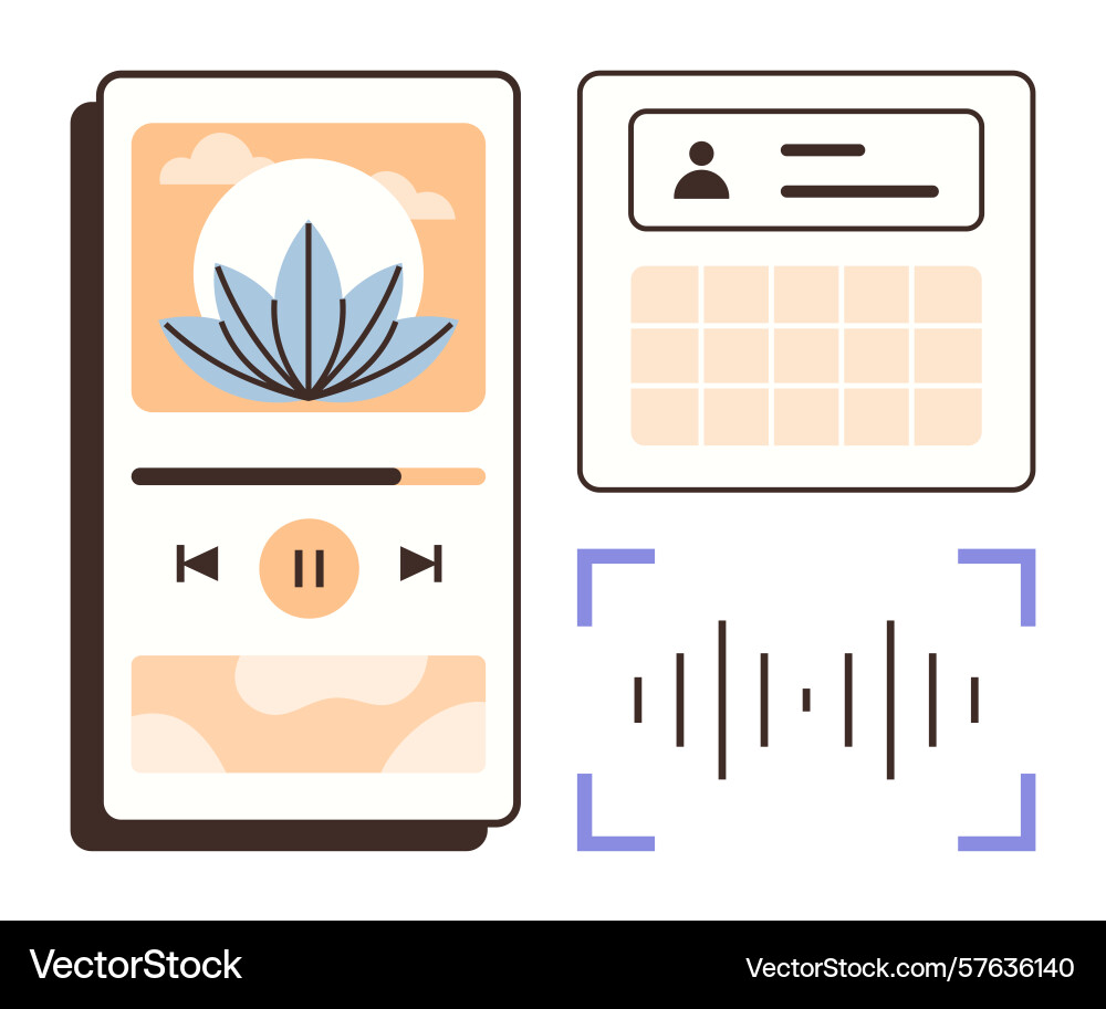 Mobile app interface with audio player calendar vector image