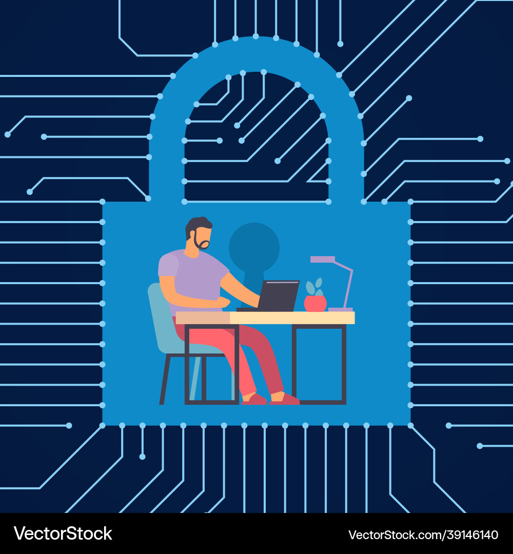 Protected workflow man working at computer Protected workflow man working at computer vector image