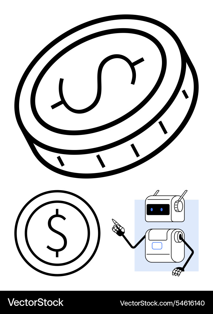 Robot pointing at dollar coin symbolizing Robot pointing at dollar coin symbolizing Vector Image