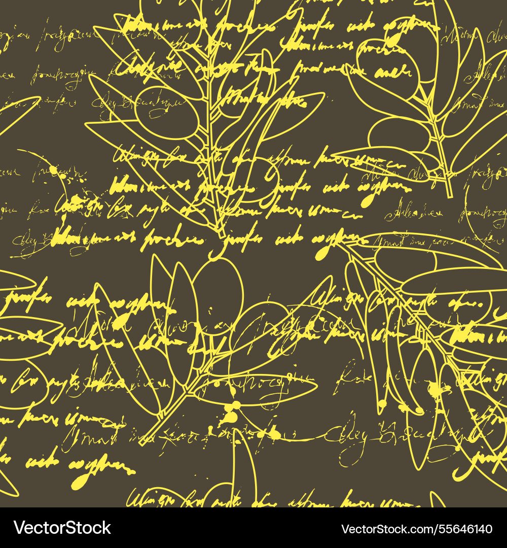Seamless pattern olives branch unreadable text Seamless pattern olives branch unreadable text vector image