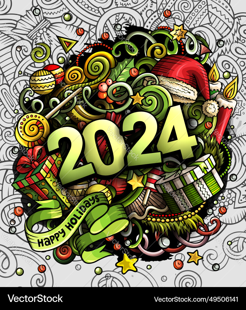 2024 doodles new year objects and elements poster 2024 doodles new year objects and elements poster vector image