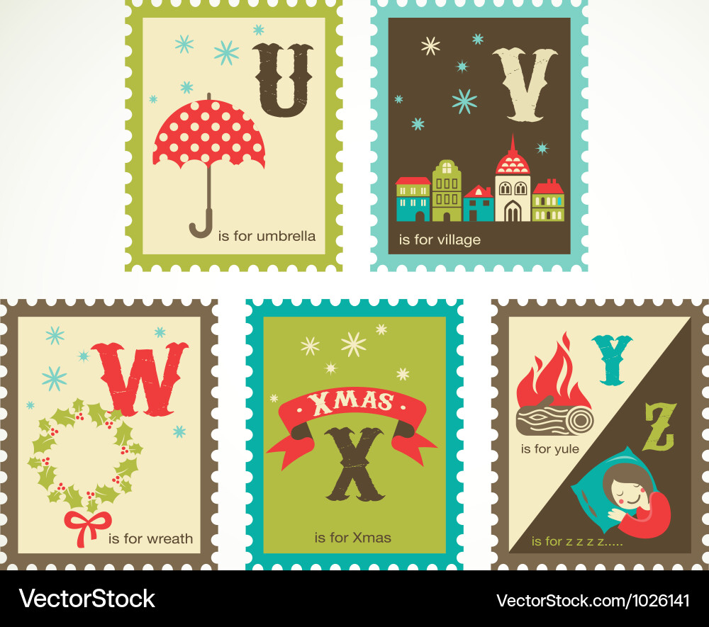 Christmas retro alphabet with cute icons vector image