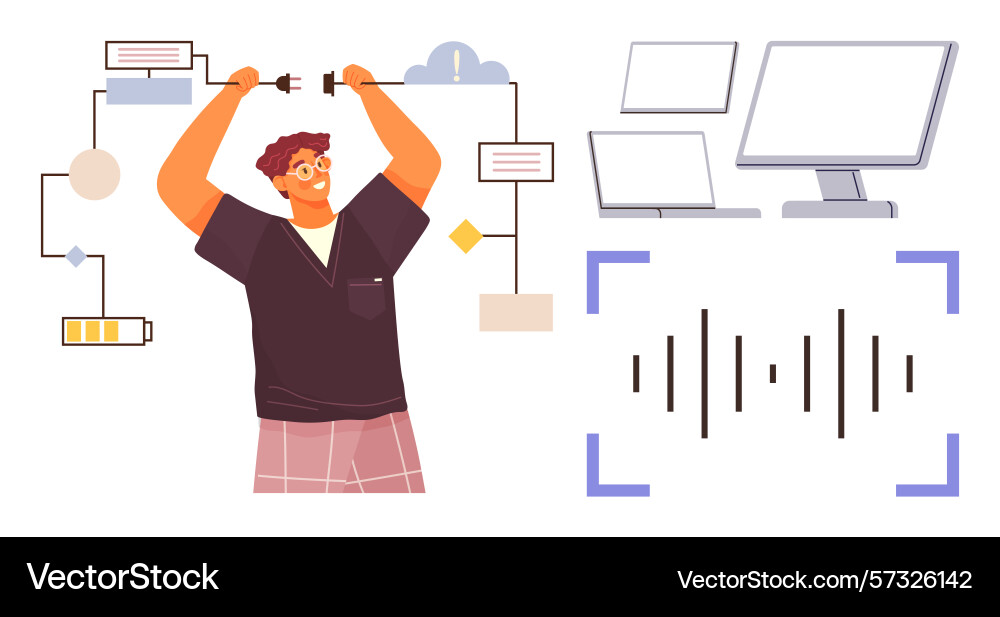 Man connecting digital devices and analyzing sound Man connecting digital devices and analyzing sound vector image
