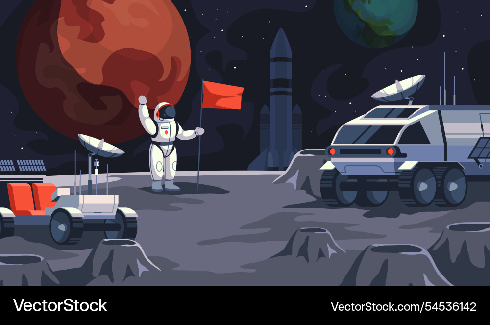 Mars erkunden Astronaut in Raumanzug setzt Flagge Mars erkunden Astronaut in Raumanzug setzt Flagge vektorbild