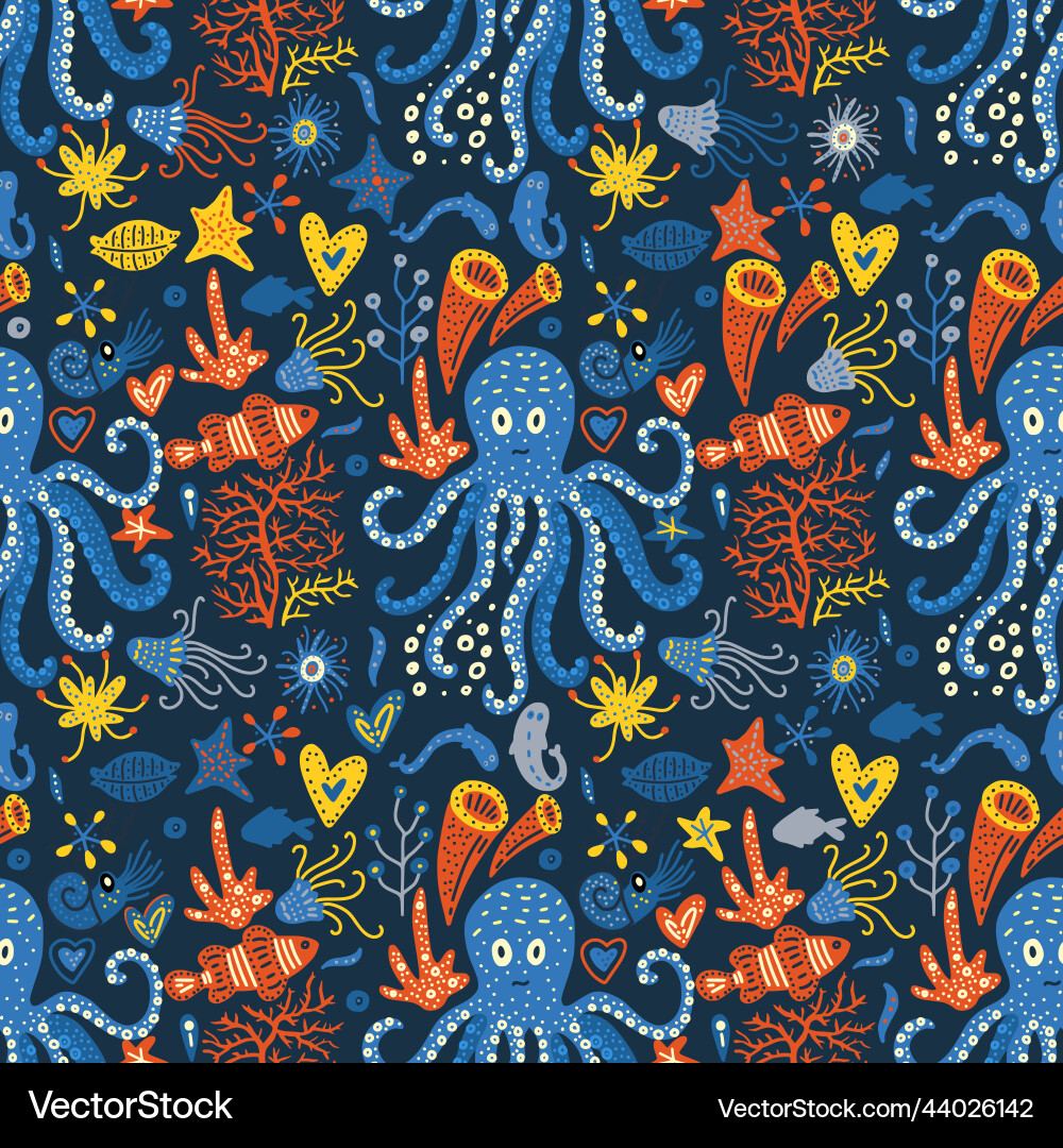 Octopus fish summer seamless pattern Royalty Free Vector
