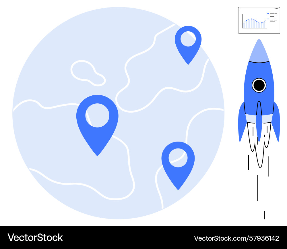 Rocket launching with global map and location pins Rocket launching with global map and location pins Vector Image