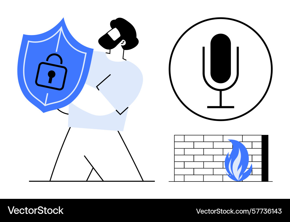 Man with shield lock microphone firewall flame Vector Image