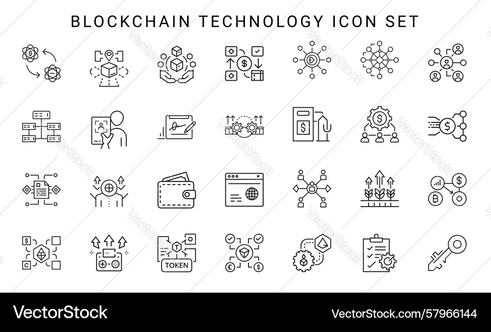 Blockchain Line Icon Set - Distributed Database Vector Image