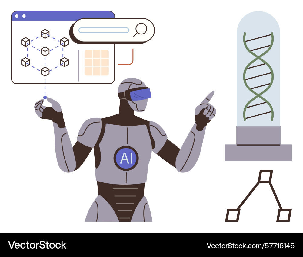 Ai robot analyzing blockchain data and dna Ai robot analyzing blockchain data and dna vector image