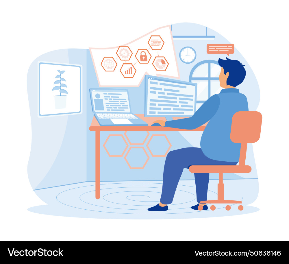 Young programmer concentrated at working project Young programmer concentrated at working project vector image