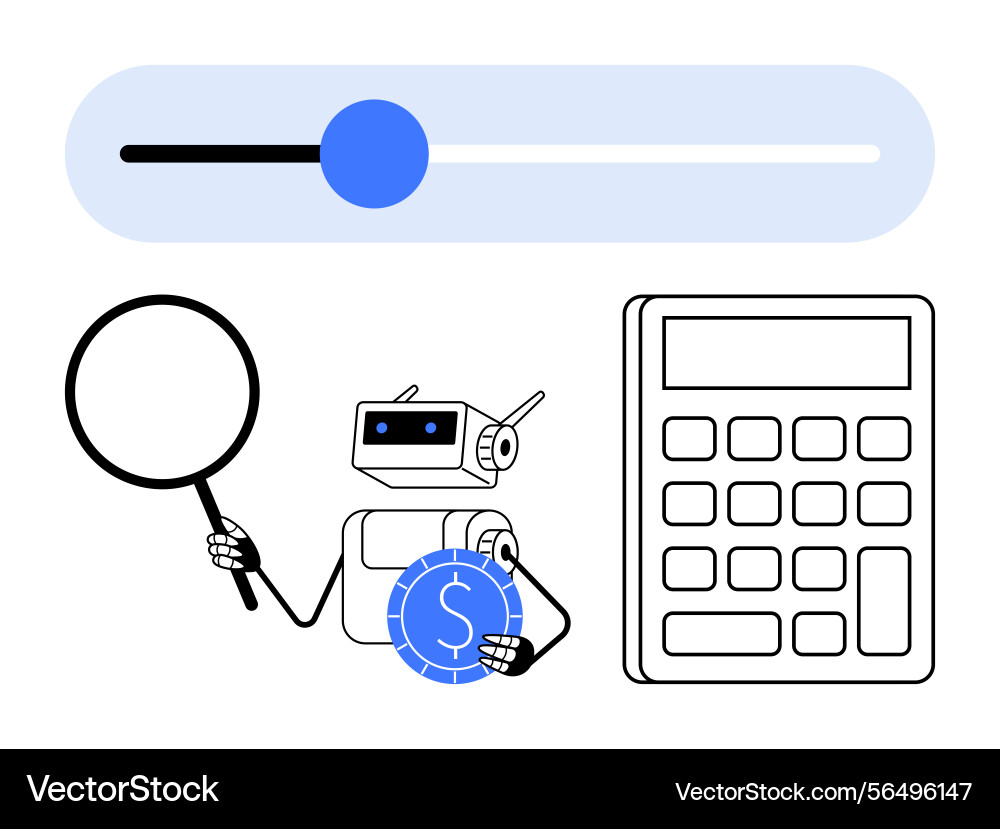 Robot analyzing financial data with magnifying Robot analyzing financial data with magnifying vector image