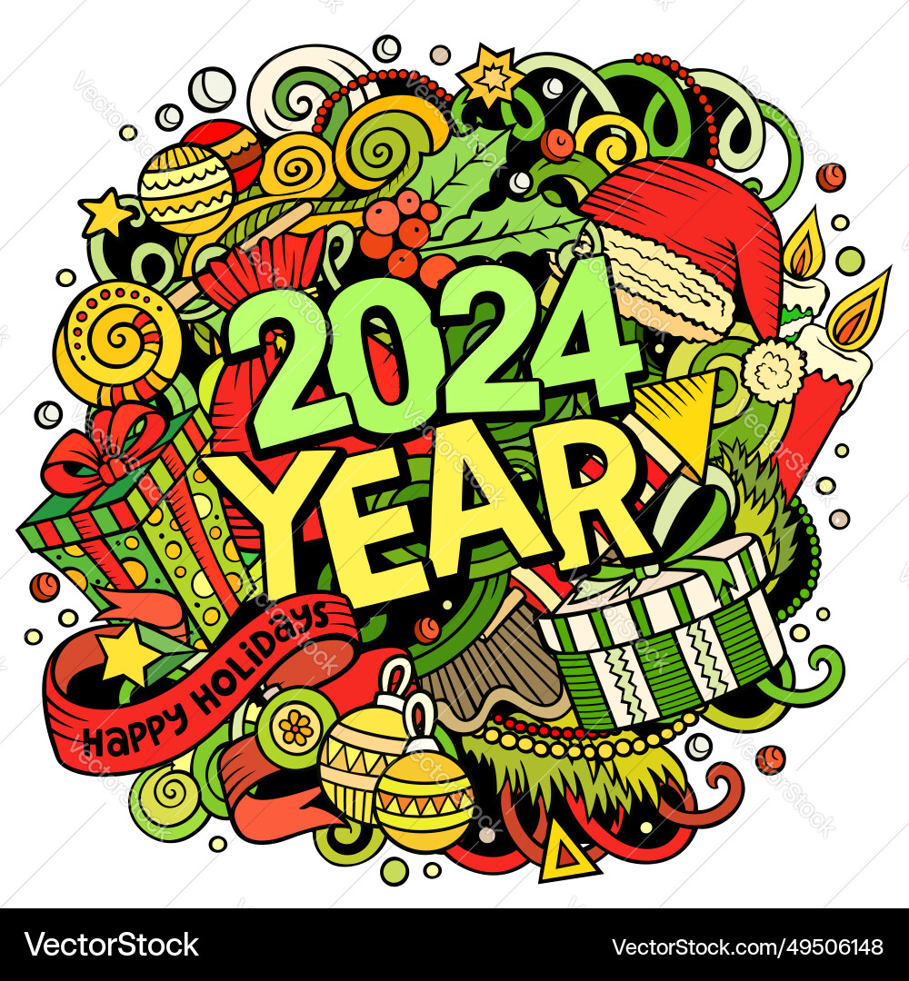 2024 doodles new year objects and elements poster 2024 doodles new year objects and elements poster vector image
