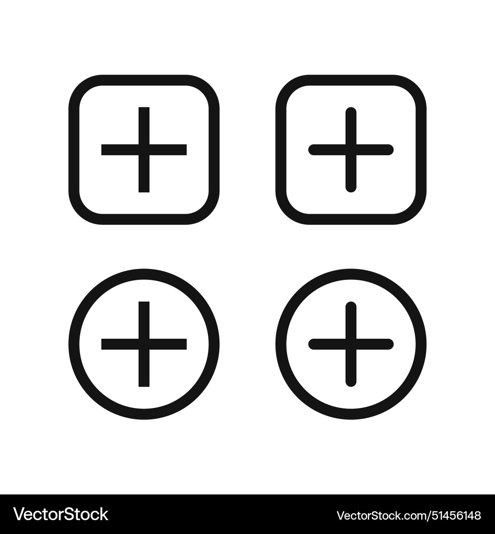 Add button icon or more and plus set Add button icon or more and plus set vector image