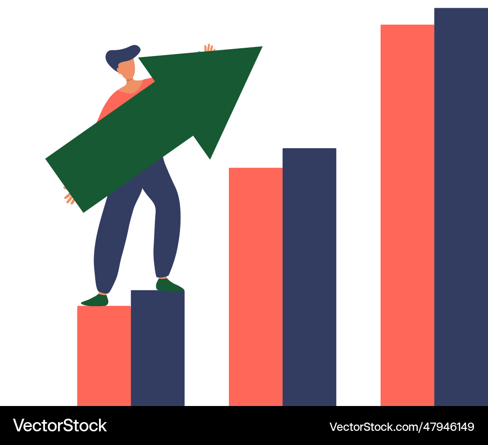 Man with an arrow shows a growing graph Man with an arrow shows a growing graph vector image