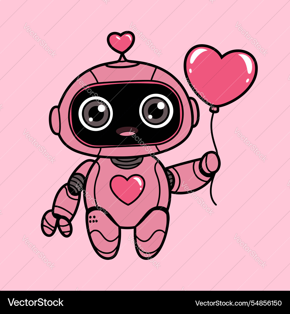 Pink Robot with Heart Balloon - Cute & Playful Vector Image