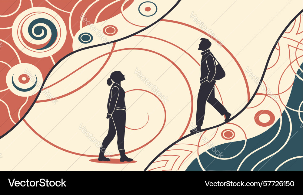 Two figures walking paths with abstract circular vector image