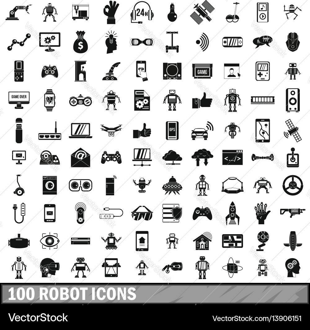 100 robot icons set simple style 100 robot icons set simple style vector image