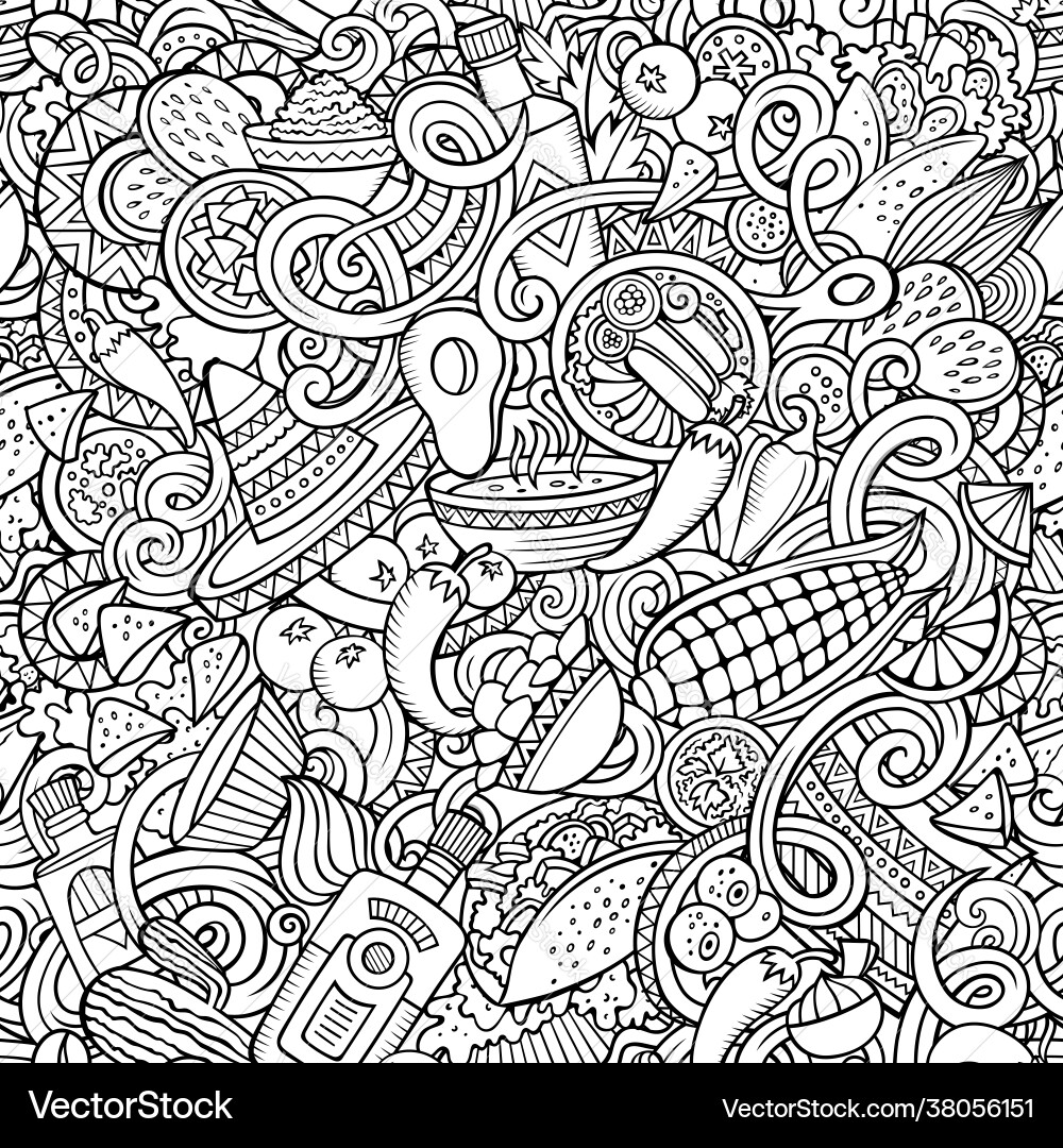 Mexican food hand drawn doodles seamless pattern Mexican food hand drawn doodles seamless pattern vector image