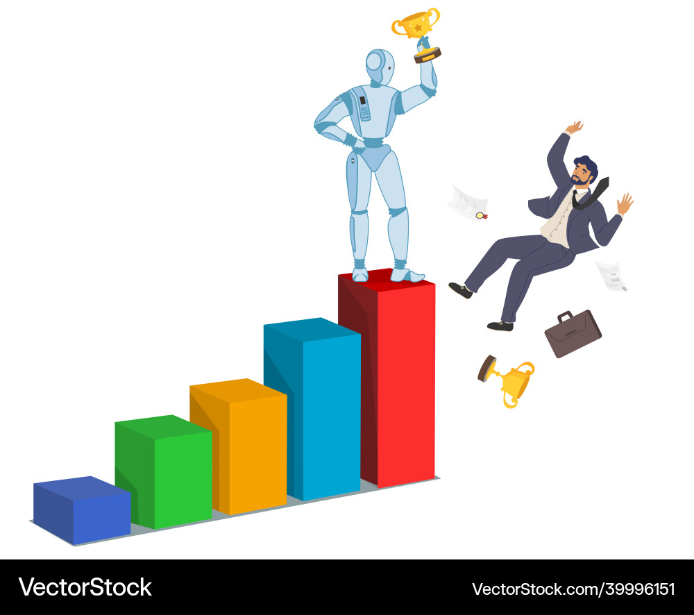 Robot machine winner standing on bar chart top Robot machine winner standing on bar chart top Vector Image