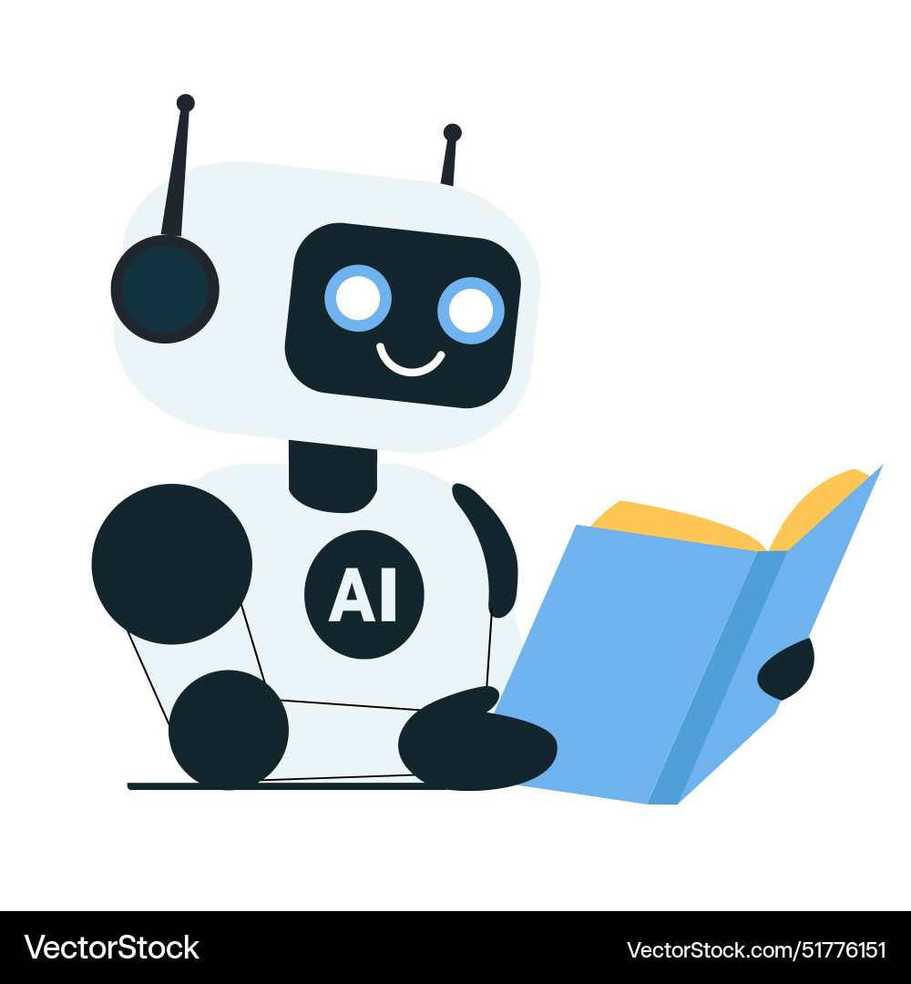Robot reading book at the table Robot reading book at the table vector image