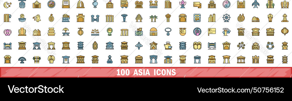 100 asia icons set color line style vector image