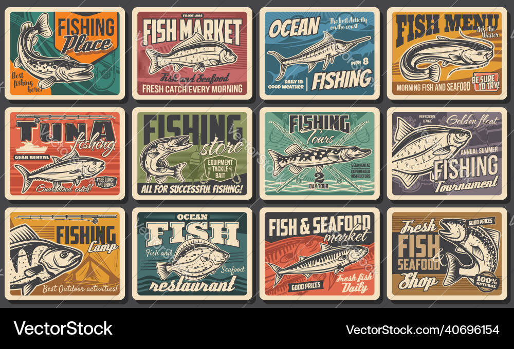Fishing retro posters fish catch tour restaurant Fishing retro posters fish catch tour restaurant vector image