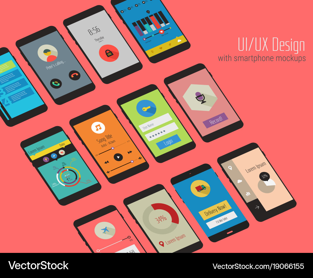 Material ui screens with 3d smartphon mockups kit vector image
