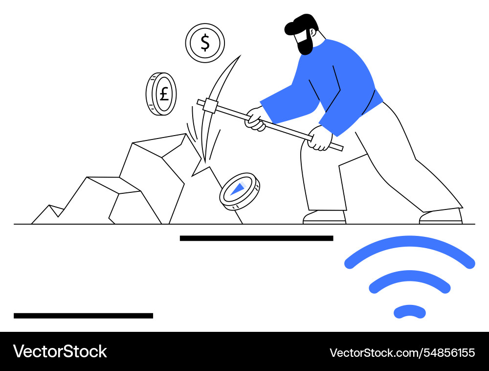 Miner with pickaxe extracting digital currency Vector Image
