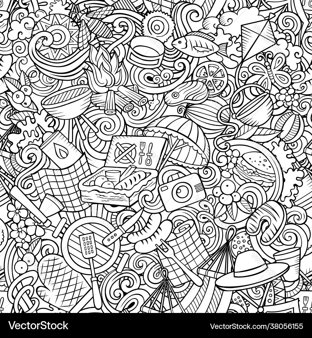 Picnic hand drawn doodles seamless pattern bbq Picnic hand drawn doodles seamless pattern bbq vector image