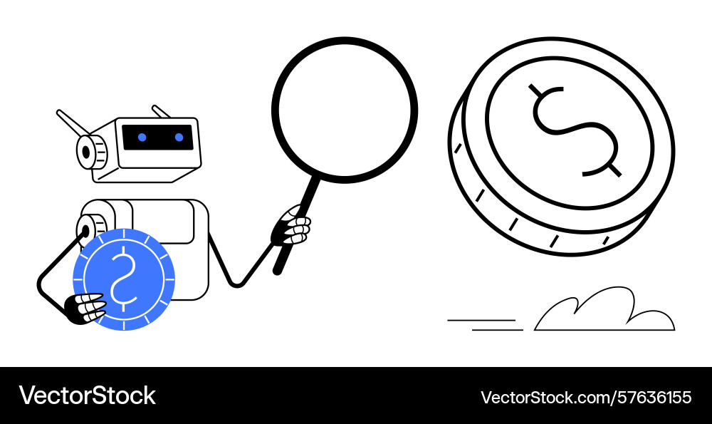 Robot analyzing cryptocurrency coin using vector image