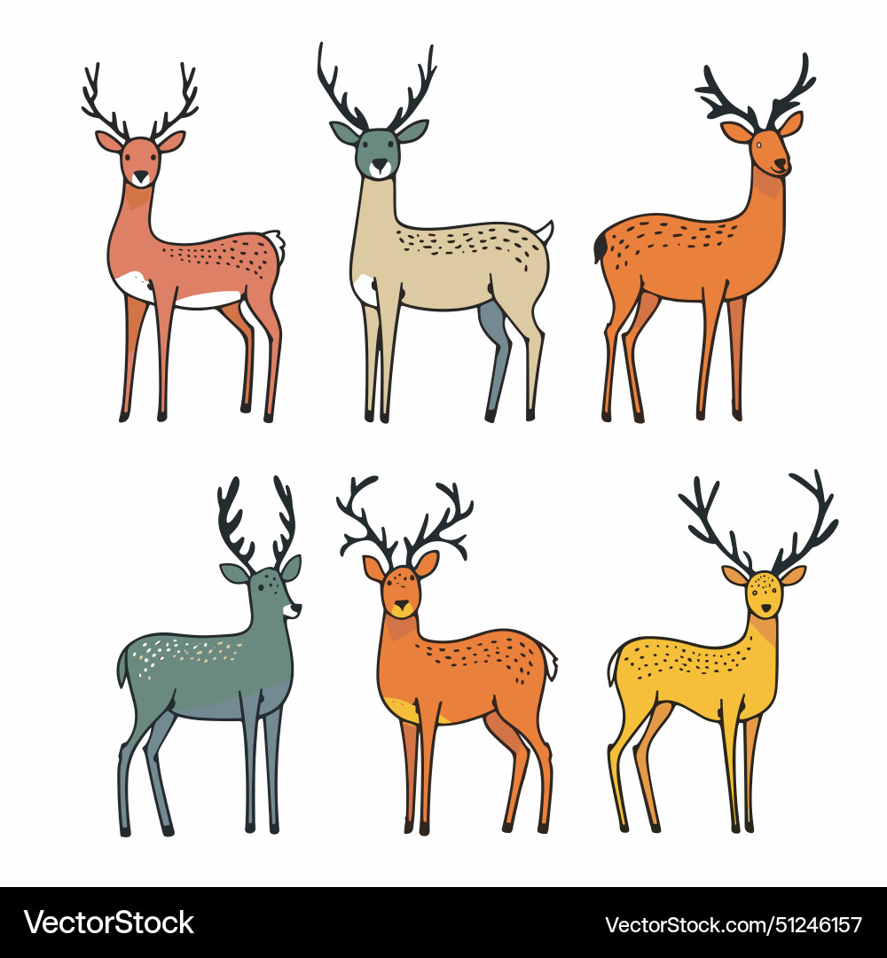 Six cartoon deer vibrant colors Royalty Free Vector Image
