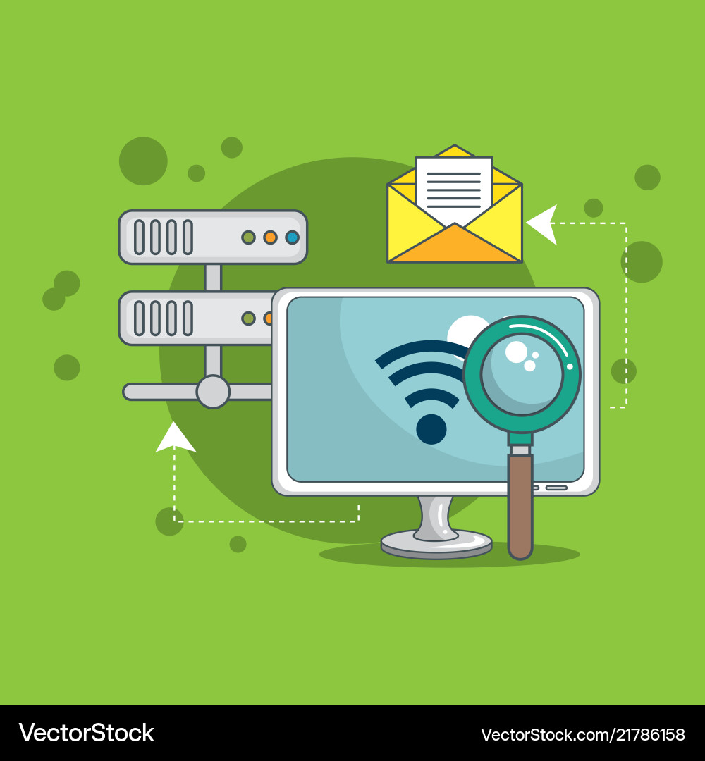 Desktop computer with data center icons Desktop computer with data center icons vector image