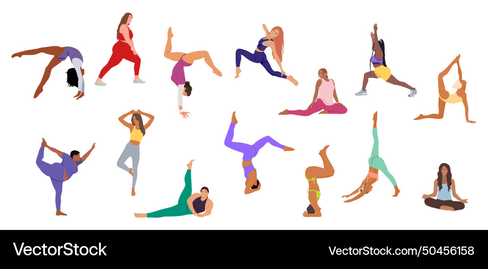 Set of different sportive young women doing yoga Vector Image